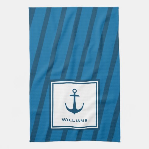 Modern Navy Striped Nautical Last Name Anchor Kitchen Towel