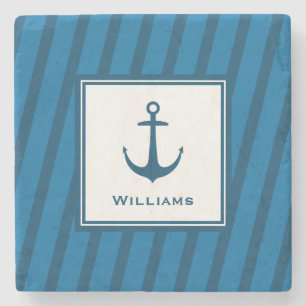 Modern Navy Striped Nautical Last Name Anchor Stone Coaster