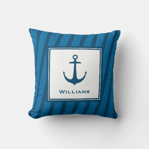 Modern Navy Striped Nautical Last Name Anchor Throw Pillow