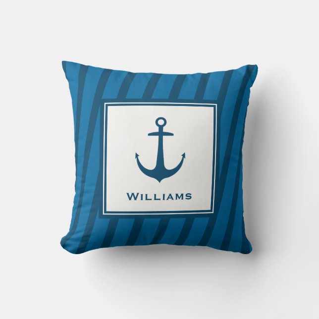 Modern Navy Striped Nautical Last Name Anchor Throw Pillow (Front)