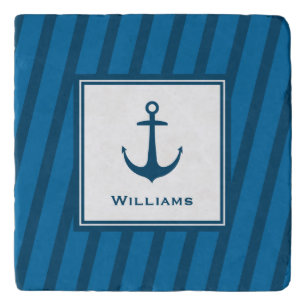 Modern Navy Striped Nautical Last Name Anchor Trivet