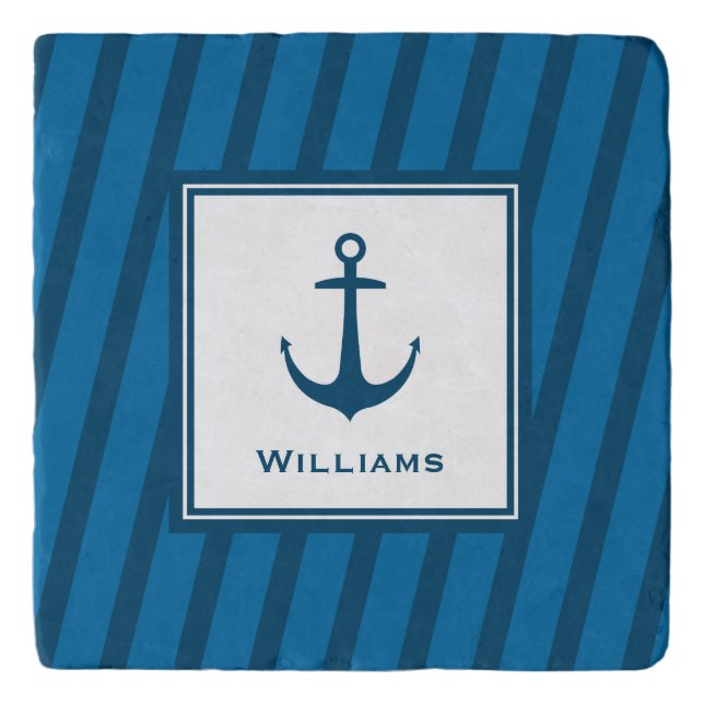 Modern Navy Striped Nautical Last Name Anchor Trivet (Front)