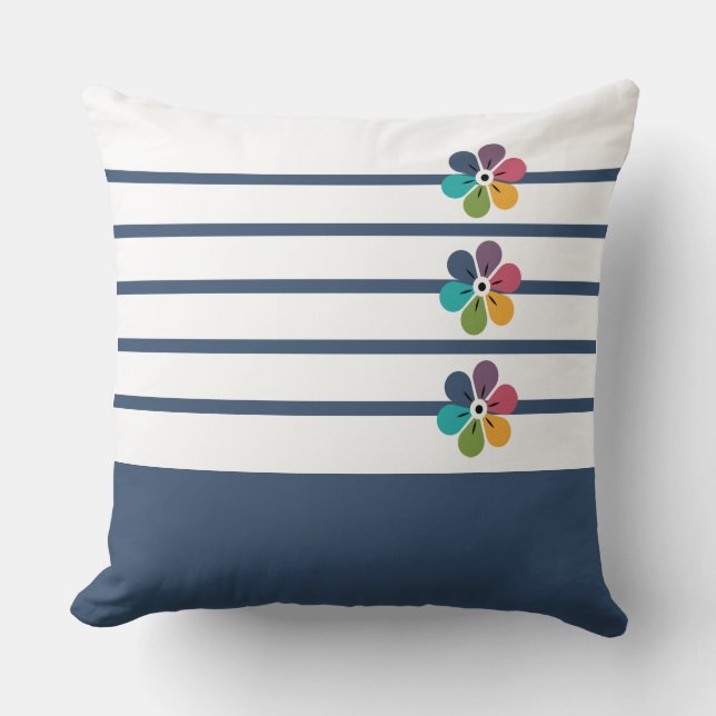 Modern Navy Stripes Floral Color Block Throw Pillow (Front)
