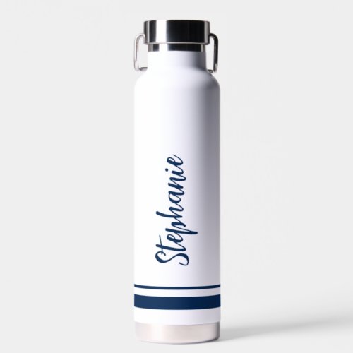 Modern Navy Stripes White Wedding Water Bottle