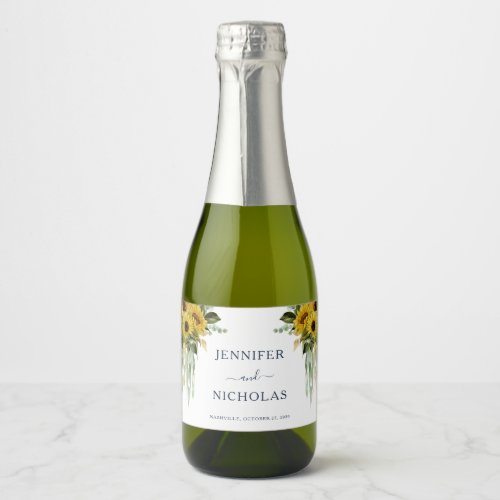 Modern Navy Sunflower Wedding  Sparkling Wine Label