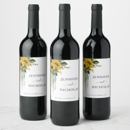 Modern Navy Sunflower Wedding  Wine Label