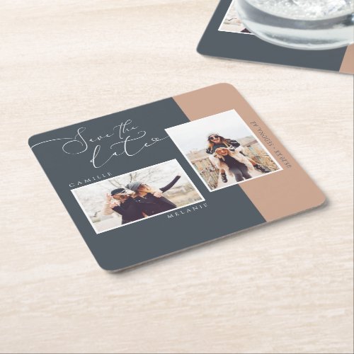 Modern Navy  Tan Two Tone Photo Save The Date Square Paper Coaster