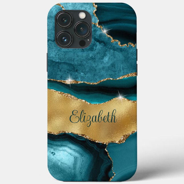 Modern Navy Teal and Gold Agate Monogram Case-Mate iPhone Case (Back)