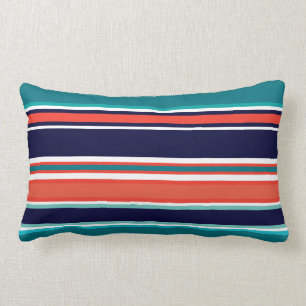 Modern Navy Teal Coral Navy Stripes Beach Lumbar Pillow