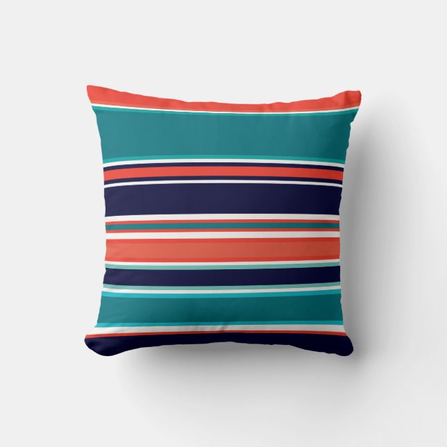 Modern Navy Teal Coral Navy Stripes Beach Throw Pillow (Front)