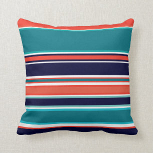 Modern Navy Teal Coral Navy Stripes Beach Throw Pillow