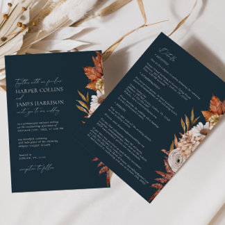 Modern Navy Terracotta Flowers Boho Fall Wedding Invitation