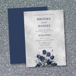 Modern Navy Tulip Silver Garden Silk Wedding Invitation