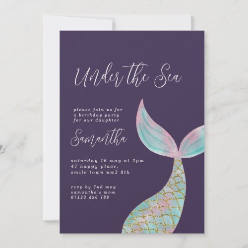 Modern Navy Under the Sea Mermaid Birthday Party Invitation