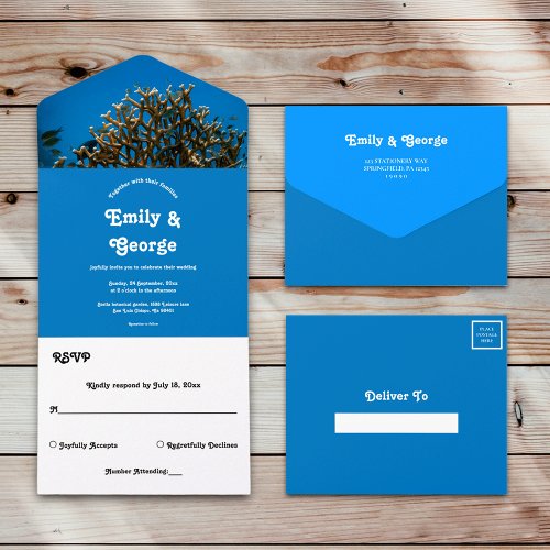 Modern Navy Underwater Sea Fish Reef Beach Wedding All In One Invitation