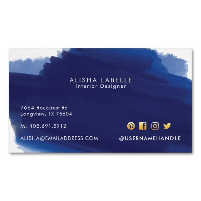 Modern Navy Watercolor Wash Brush Stroke Business Card Magnet (Front)