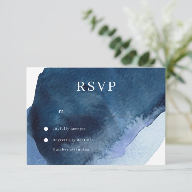 Modern Navy Watercolor Wedding RSVP Card (Standing Front)