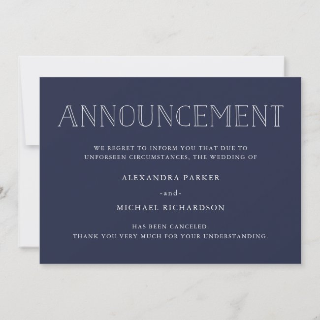 Modern Navy Wedding Cancellation Announcement
