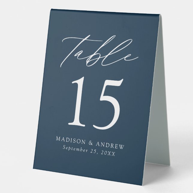 Modern Navy Wedding Table Number Tent (Front)