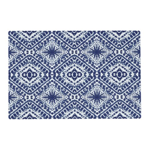 Modern Navy White Batik Shibori Asian Star Pattern Placemat