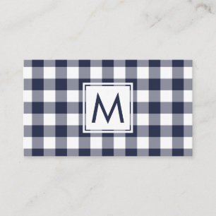 Modern Navy White Buffalo Plaid Pattern Monogram Business Card