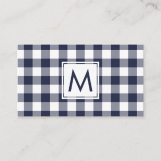 Modern Navy White Buffalo Plaid Pattern Monogram Business Card