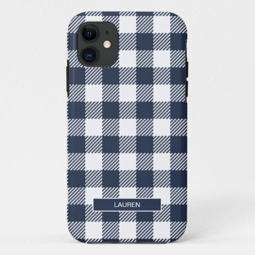 Modern Navy  White Christmas Plaid Name Pattern iPhone 11 Case