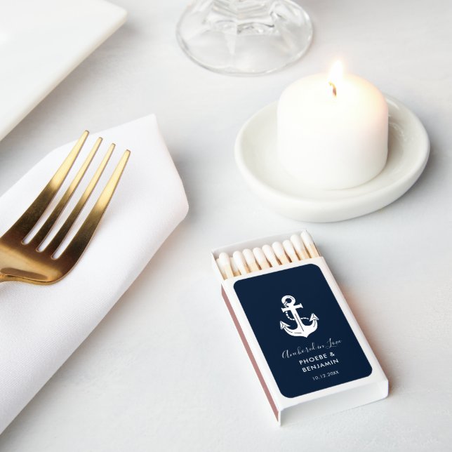 Modern Navy & White Custom Name Anchor Wedding Matchboxes (Insitu)