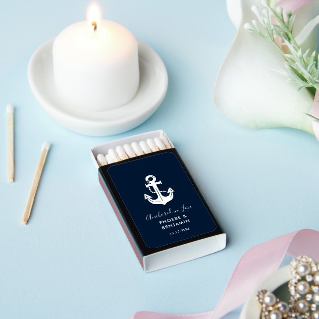 Modern Navy & White Custom Name Anchor Wedding Matchboxes (Insitu)