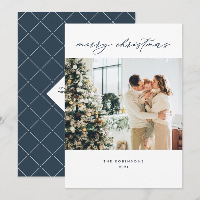 Modern Navy White Elegant Script Christmas Photo Holiday Card (Front/Back)