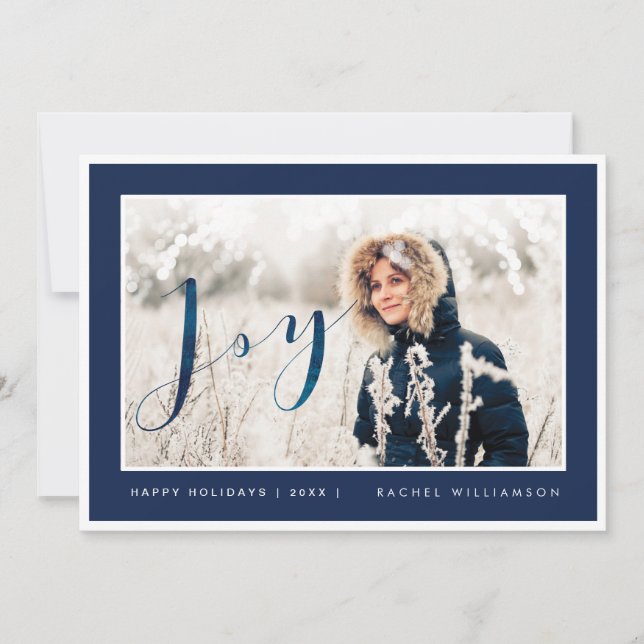 Modern Navy & White Frame Joy Holiday Photo Card (Front)
