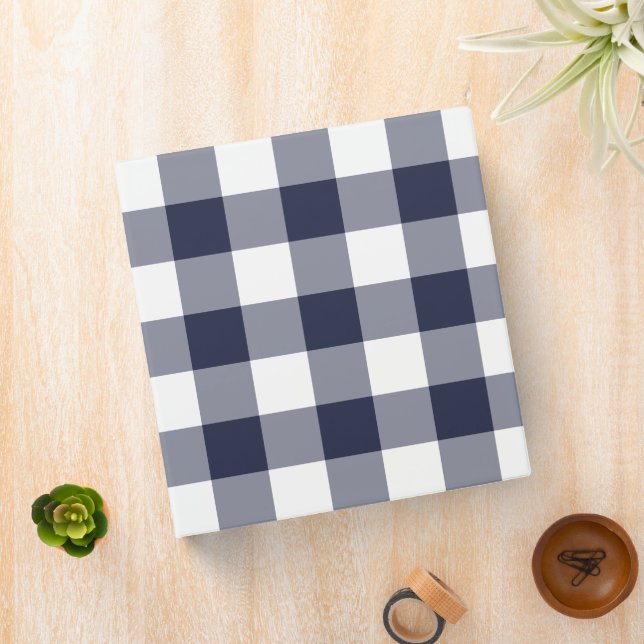Modern Navy White Gingham Check Pattern 3 Ring Binder (In Situ)
