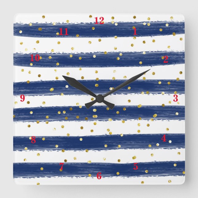 Modern Navy, White, Gold Stripes, Confetti Clock (Front)