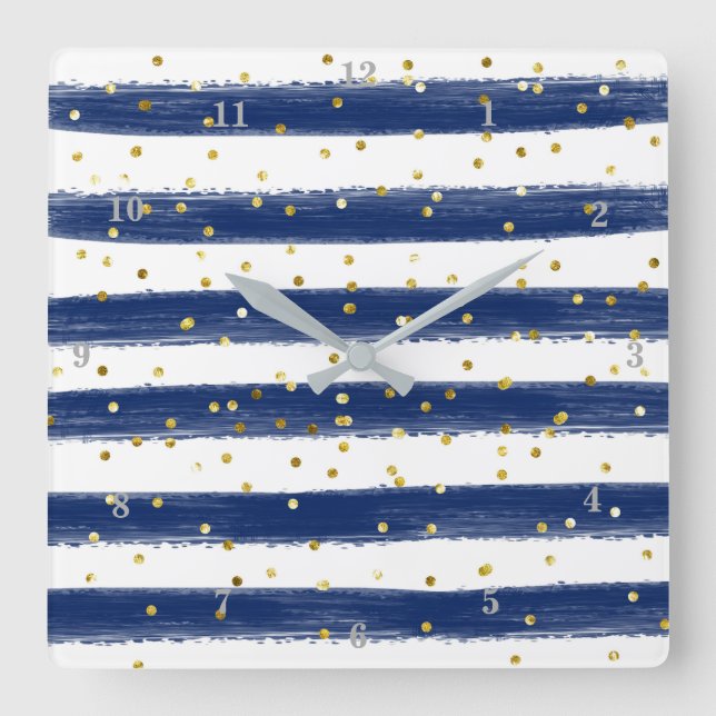 Modern Navy, White, Gold Stripes, Confetti Clock (Front)