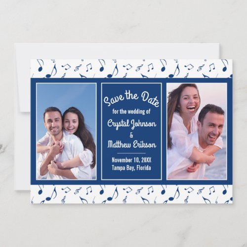 Modern Navy White Music Notes Photo Save the Date