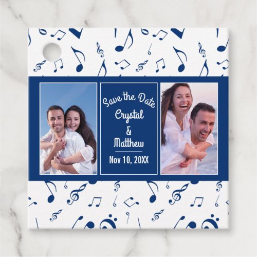 Modern Navy White Music Notes Photo Save the Date Favor Tags