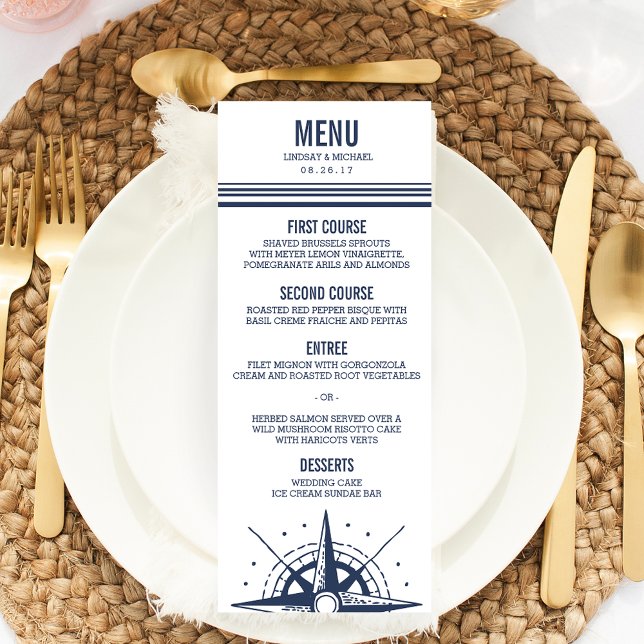 Modern Navy & White Nautical Compass Wedding Menu (Creator Uploaded)