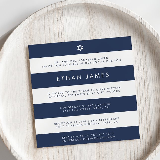Modern Navy & White Stripe Bar Mitzvah Invitation (Creator Uploaded)