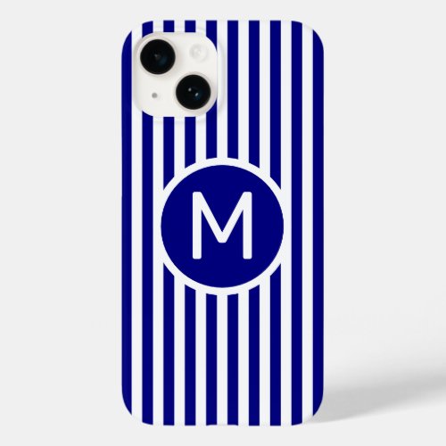 Modern Navy White Stripes Pattern Monogram Case_Mate iPhone 14 Case