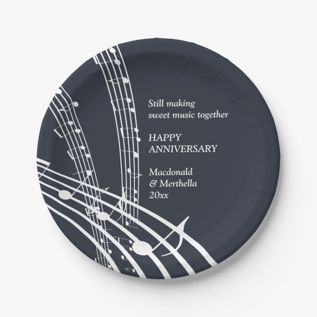 Modern Navy White SWEET MUSIC Happy Anniversary Paper Plates (Front)