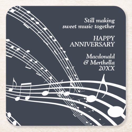 Modern Navy White SWEET MUSIC Happy Anniversary Square Paper Coaster