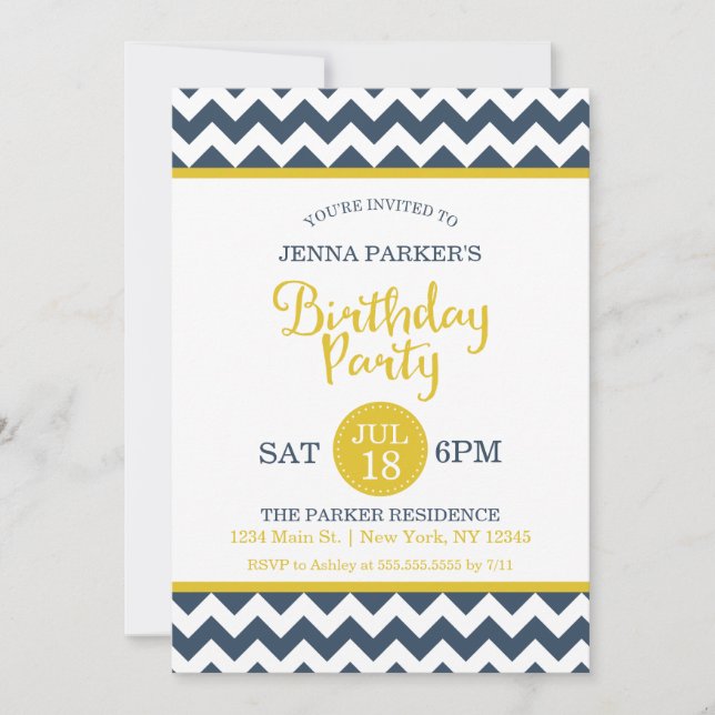 Modern Navy Yellow Gold Chevron Birthday Party Invitation (Front)