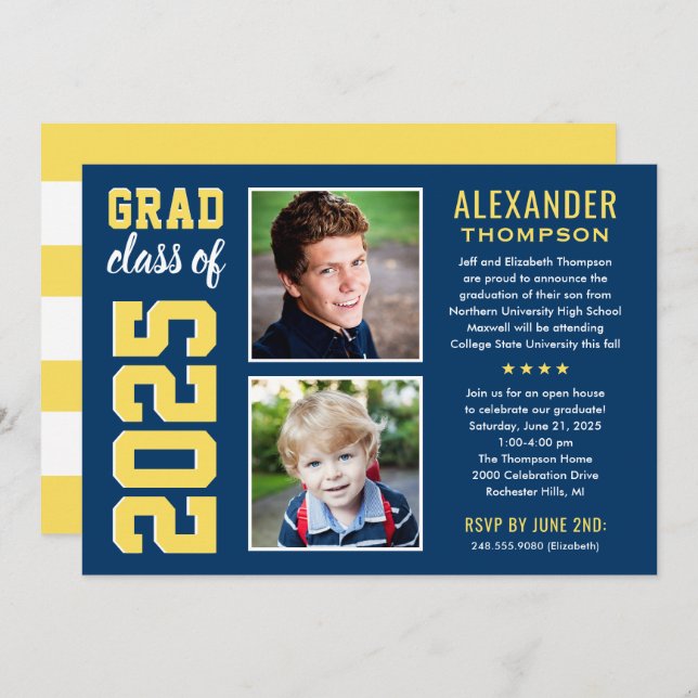 Modern Navy Yellow Two Photos Graduation Party Invitation (Front/Back)