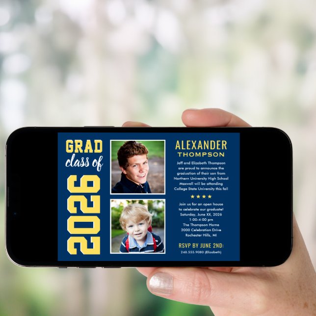 Modern Navy Yellow Two Photos Graduation Party Invitation (Front Digital)
