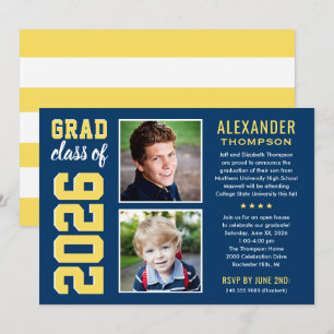 Modern Navy Yellow Two Photos Graduation Party Invitation