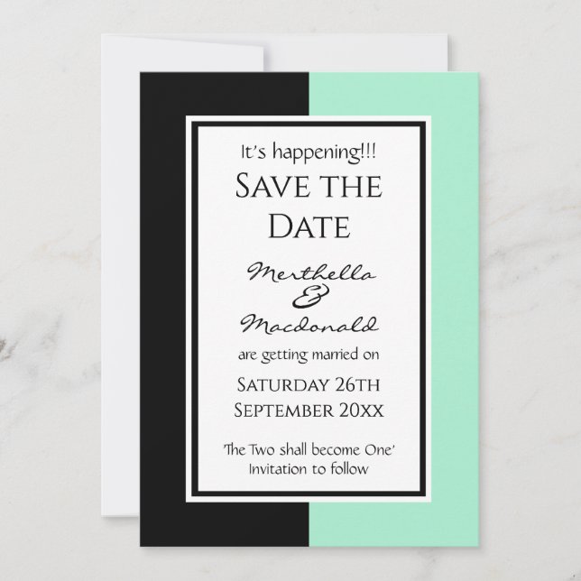 Modern NEO MINT BLACK Personalized IT'S HAPPENING! Save The Date (Front)