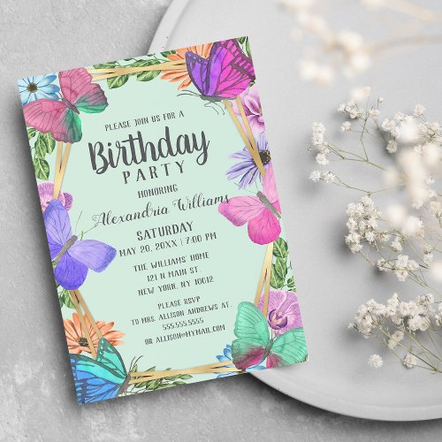 Modern Neo Mint Floral Butterfly Birthday Party Invitation Postcard