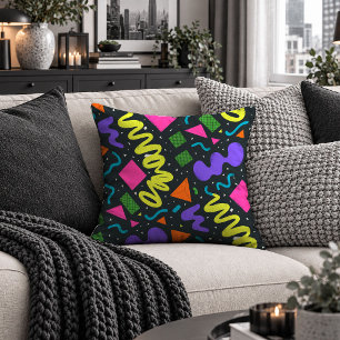 Modern Neon Abstract Shapes Black Throw Pillow