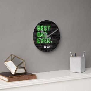 Modern Neon Best Dad Ever Personalized Round Clock