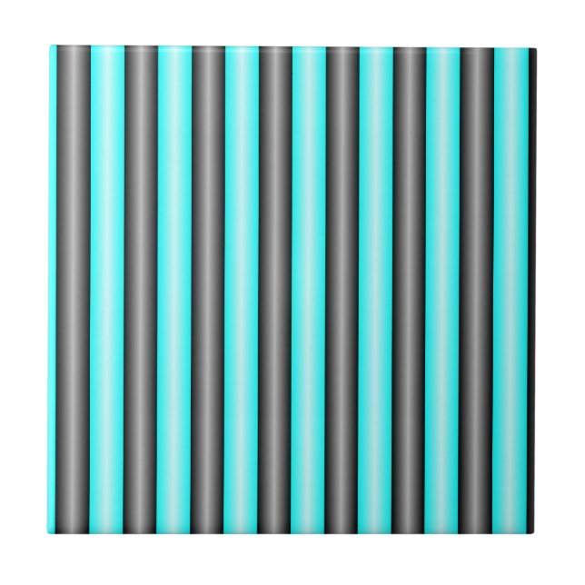 Modern Neon Blue and Black 3D Metal Effect Stripes Ceramic Tile (Front)
